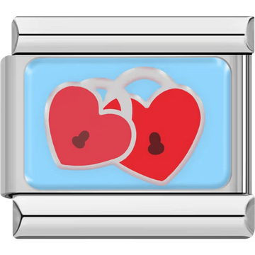 Two connected red love locks forming heart shapes on a light blue background.